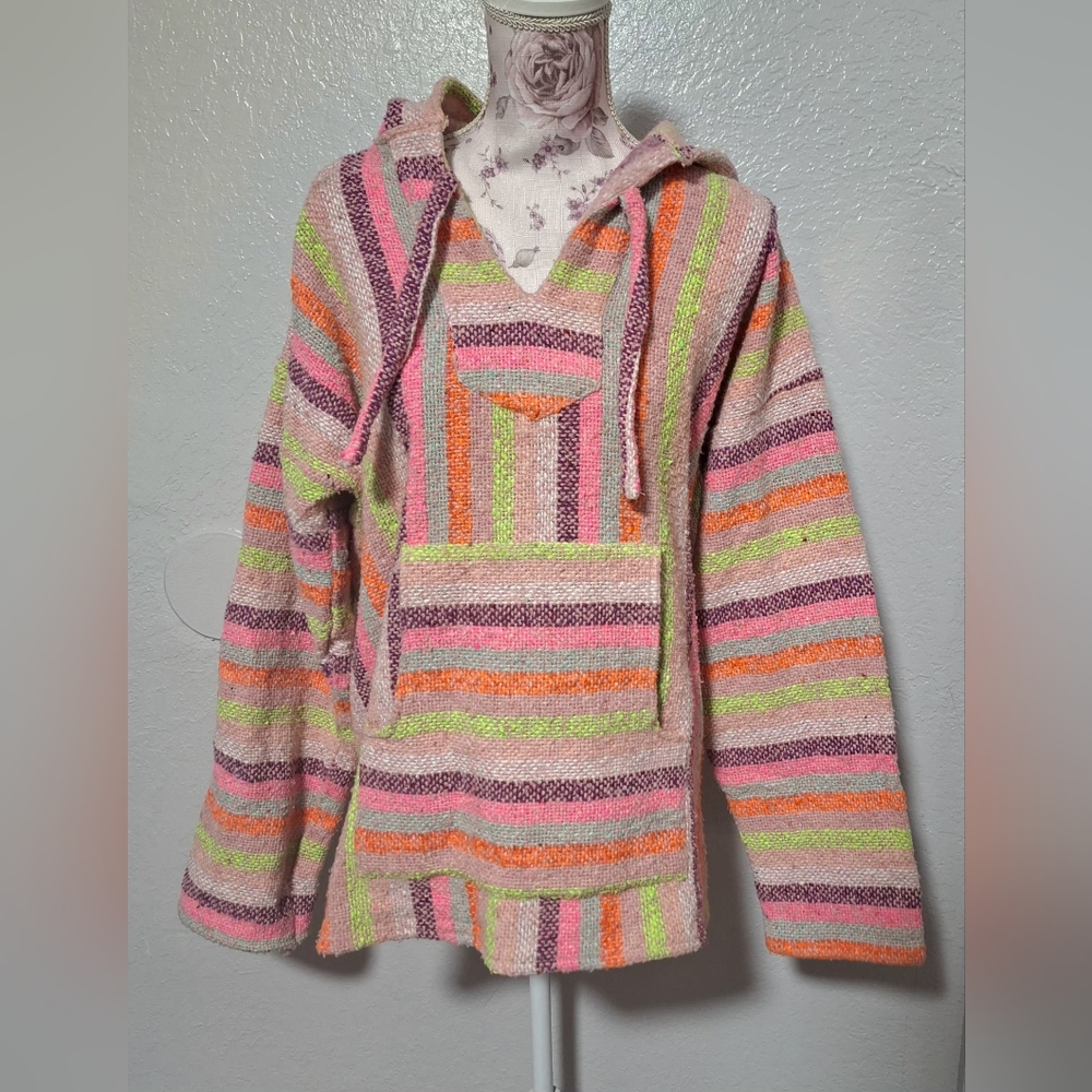 Emisa Authentic Vintage Mexican Bright Neon Baja Drug Rug Striped Hoodie L